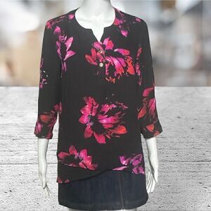 Catherine‎ Malandrino Black Floral 3/4 Sleeve Blouse Size